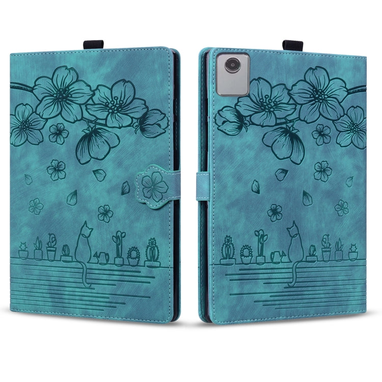 For Lenovo Tab M11 / Xiaoxin Pad 11 2024 Cartoon Sakura Cat Embossed Leather Tablet Case(Green) - Lenovo by PMC TechLife | Online Shopping South Africa | PMC TechLife | Buy Now Pay Later Mobicred