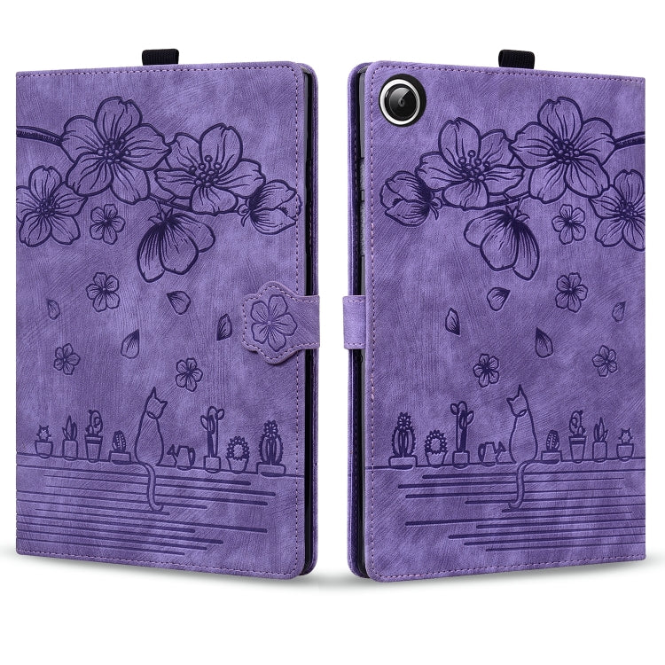 For Lenovo Tab M11 / Xiaoxin Pad 11 2024 Cartoon Sakura Cat Embossed Leather Tablet Case(Purple)