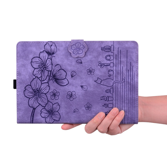 For Lenovo Tab M11 / Xiaoxin Pad 11 2024 Cartoon Sakura Cat Embossed Leather Tablet Case(Purple)