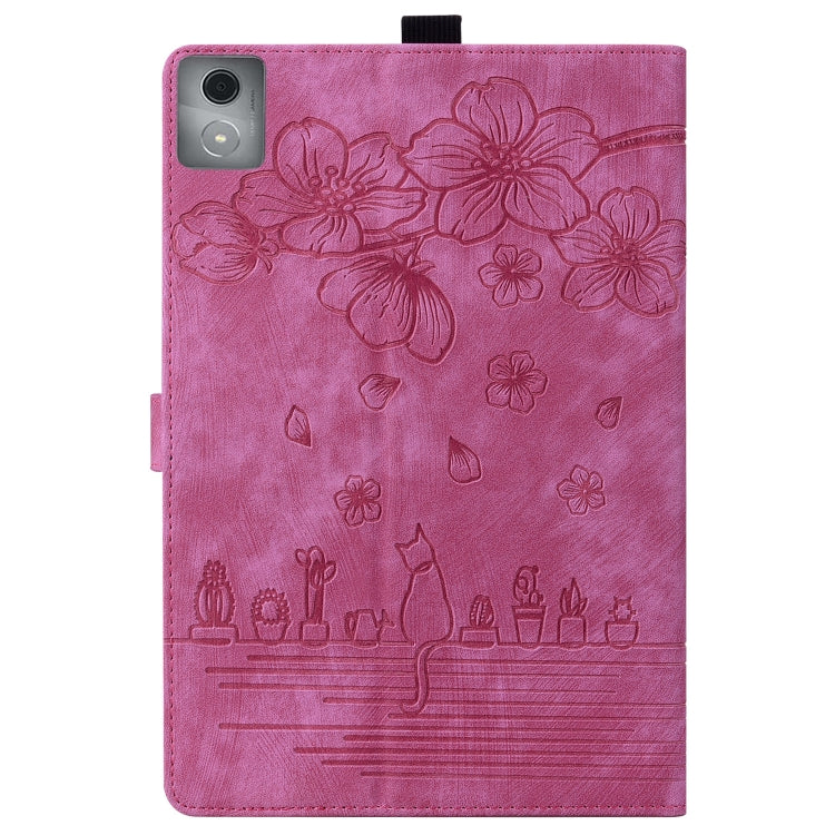 For Lenovo Tab K11 Plus / M11 Plus Cartoon Sakura Cat Embossed Leather Tablet Case(Rose Red) - Lenovo by PMC TechLife | Online Shopping South Africa | PMC TechLife | Buy Now Pay Later Mobicred