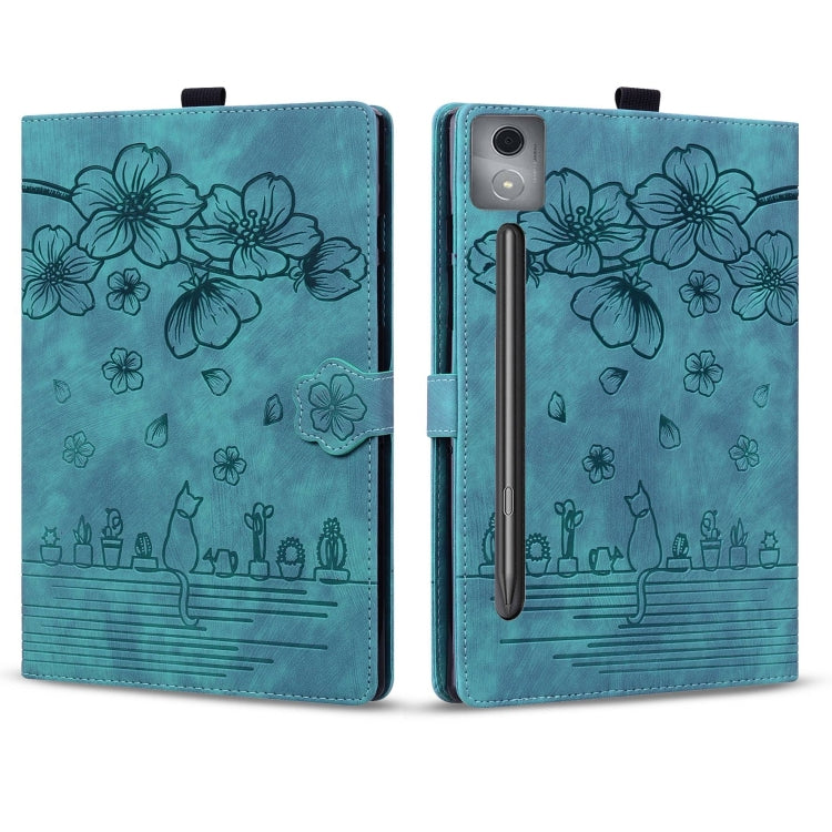 For Lenovo Xiaoxin Pad Pro 12.7 2025 Cartoon Sakura Cat Embossed Leather Tablet Case(Green) - Lenovo by PMC TechLife | Online Shopping South Africa | PMC TechLife | Buy Now Pay Later Mobicred