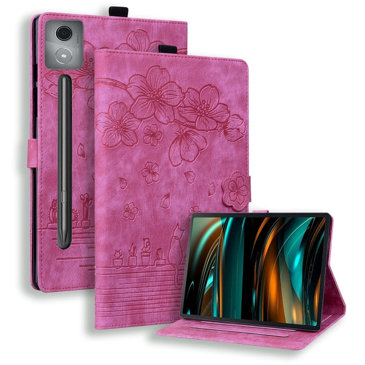 For Lenovo Xiaoxin Pad Pro 12.7 2025 Cartoon Sakura Cat Embossed Leather Tablet Case(Rose Red) - Lenovo by PMC TechLife | Online Shopping South Africa | PMC TechLife | Buy Now Pay Later Mobicred