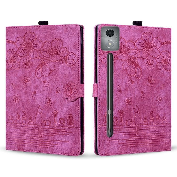 For Lenovo Xiaoxin Pad Pro 12.7 2025 Cartoon Sakura Cat Embossed Leather Tablet Case(Rose Red) - Lenovo by PMC TechLife | Online Shopping South Africa | PMC TechLife | Buy Now Pay Later Mobicred