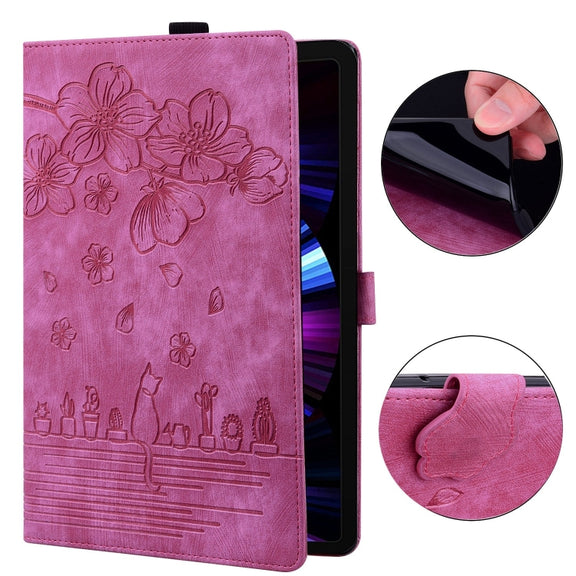For Lenovo Xiaoxin Pad Pro 12.7 2025 Cartoon Sakura Cat Embossed Leather Tablet Case(Rose Red)