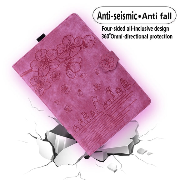 For Lenovo Xiaoxin Pad Pro 12.7 2025 Cartoon Sakura Cat Embossed Leather Tablet Case(Rose Red)