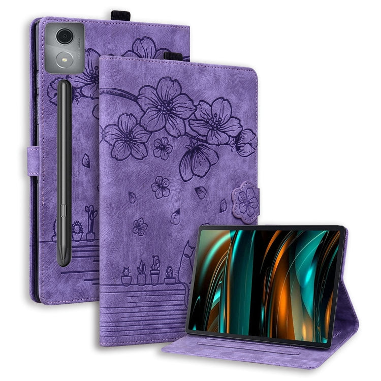 For Lenovo Xiaoxin Pad Pro 12.7 2025 Cartoon Sakura Cat Embossed Leather Tablet Case(Purple) - Lenovo by PMC TechLife | Online Shopping South Africa | PMC TechLife | Buy Now Pay Later Mobicred