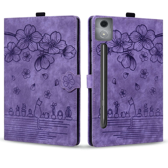 For Lenovo Xiaoxin Pad Pro 12.7 2025 Cartoon Sakura Cat Embossed Leather Tablet Case(Purple)