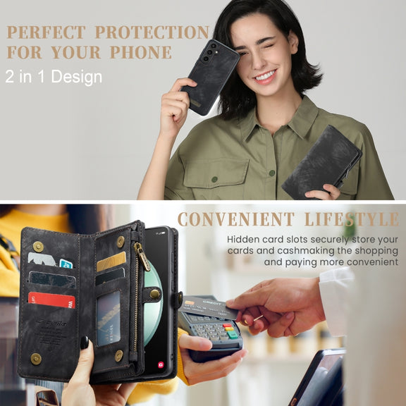 For Samsung Galaxy S23 FE CaseMe 008 Multifunctional Zipper Wallet Leather Phone Case with Lanyard(Black)