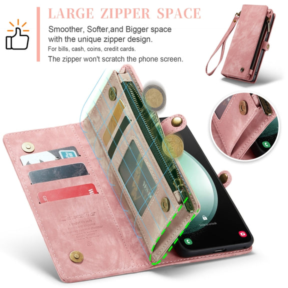 For Samsung Galaxy S23 FE CaseMe 008 Multifunctional Zipper Wallet Leather Phone Case with Lanyard(Pink)