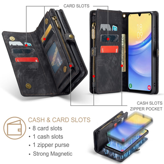 For Samsung Galaxy A15 5G CaseMe 008 Multifunctional Zipper Wallet Leather Phone Case with Lanyard(Black)