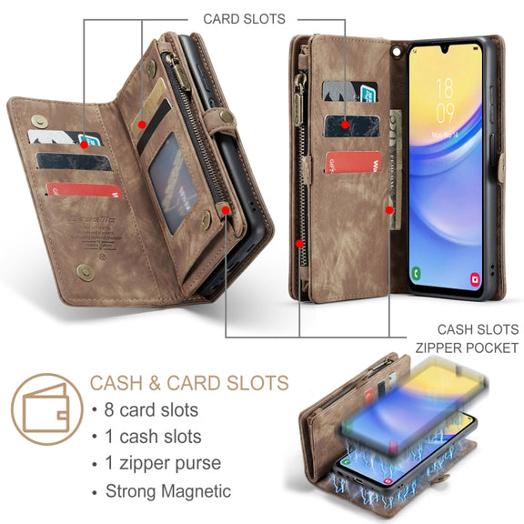 For Samsung Galaxy A15 5G CaseMe 008 Multifunctional Zipper Wallet Leather Phone Case with Lanyard(Brown)