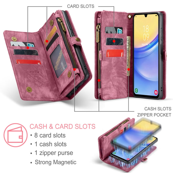 For Samsung Galaxy A15 5G CaseMe 008 Multifunctional Zipper Wallet Leather Phone Case with Lanyard(Red)