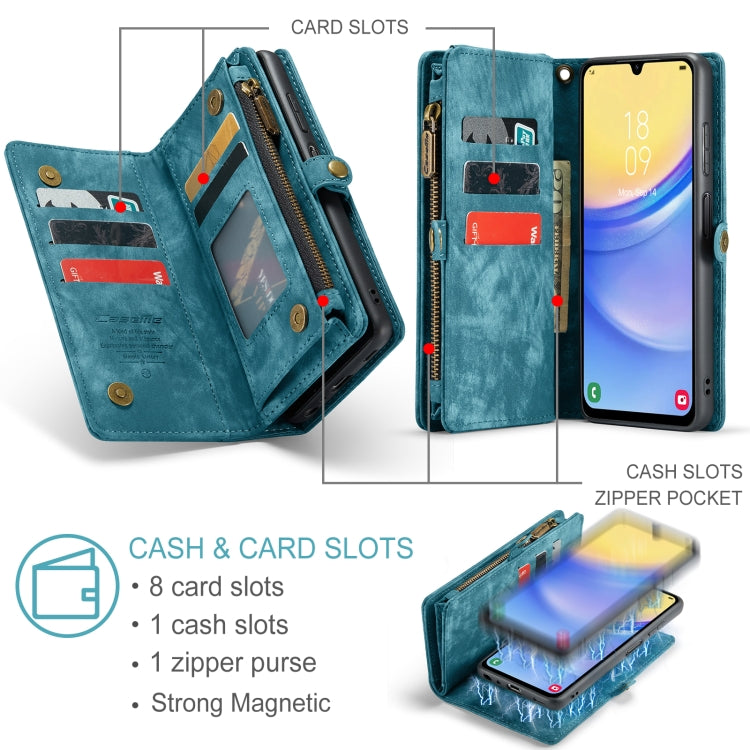 For Samsung Galaxy A15 5G CaseMe 008 Multifunctional Zipper Wallet Leather Phone Case with Lanyard(Blue)