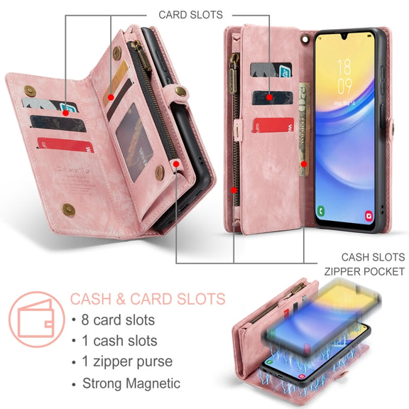 For Samsung Galaxy A15 5G CaseMe 008 Multifunctional Zipper Wallet Leather Phone Case with Lanyard(Pink)
