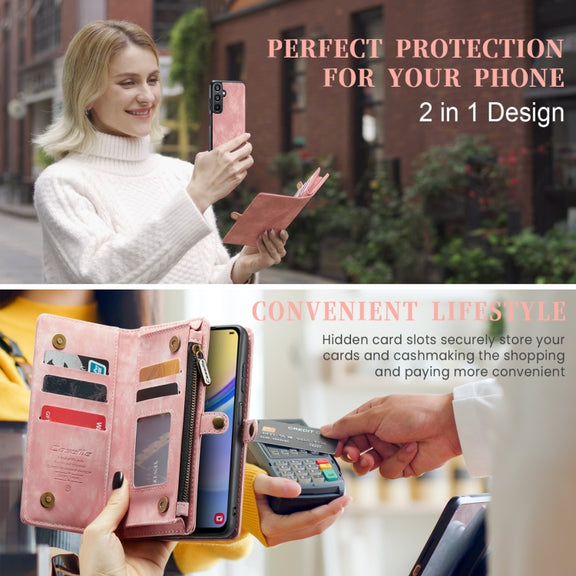 For Samsung Galaxy A15 5G CaseMe 008 Multifunctional Zipper Wallet Leather Phone Case with Lanyard(Pink)
