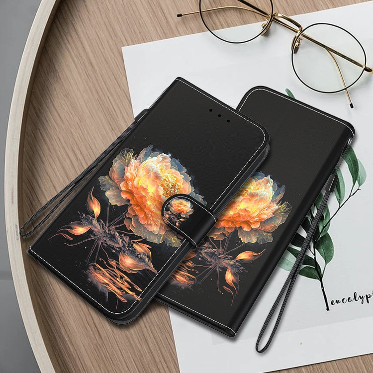 For OPPO Reno11 Global Crystal Texture Colored Drawing Leather Phone Case(Gold Peony)