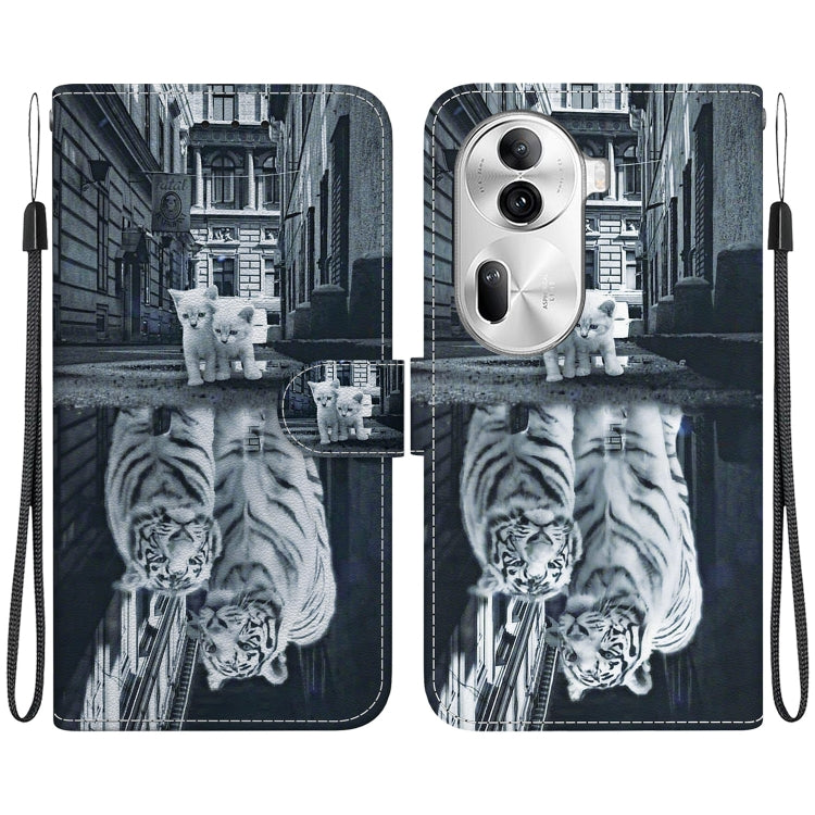 For OPPO Reno11 Pro 5G Global Crystal Texture Colored Drawing Leather Phone Case(Cat Tiger Reflection) - Reno11 Pro Cases by PMC TechLife | Online Shopping South Africa | PMC TechLife | Buy Now Pay Later Mobicred
