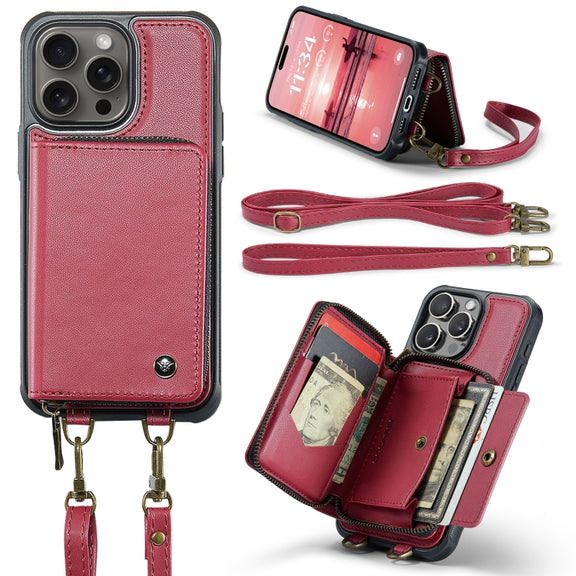For iPhone 16 Pro Max JEEHOOD C22 Series Zipper Wallet Leather Phone Case with Dual Lanyard(Red)