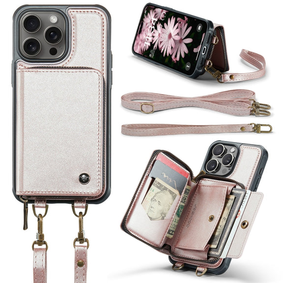 For iPhone 16 Pro Max JEEHOOD C22 Series Zipper Wallet Leather Phone Case with Dual Lanyard(Rose Gold)