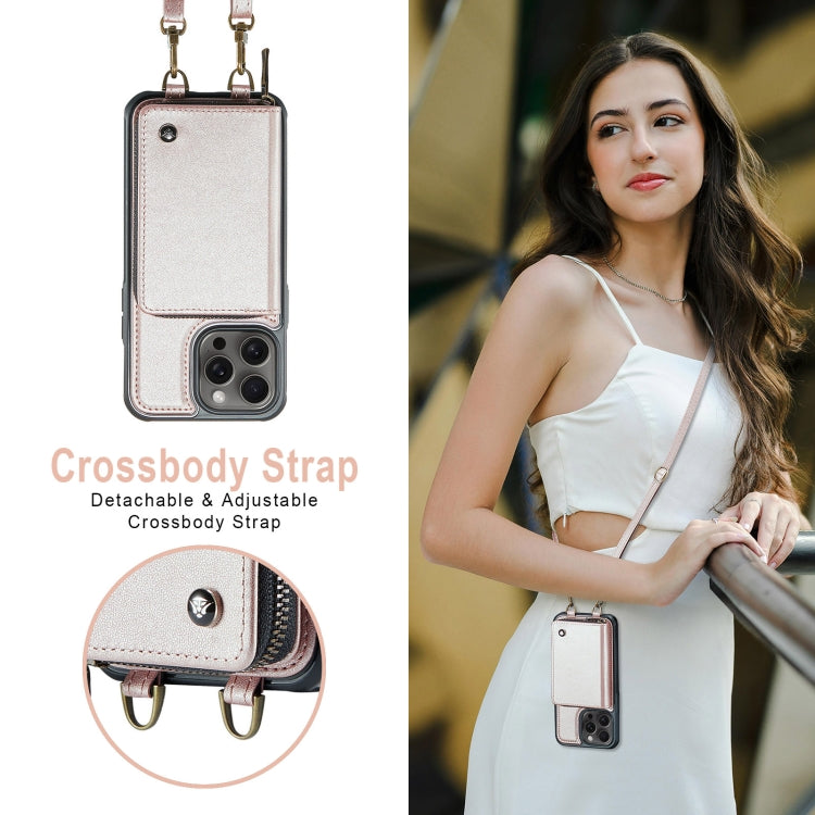 For iPhone 16 Pro Max JEEHOOD C22 Series Zipper Wallet Leather Phone Case with Dual Lanyard(Rose Gold)
