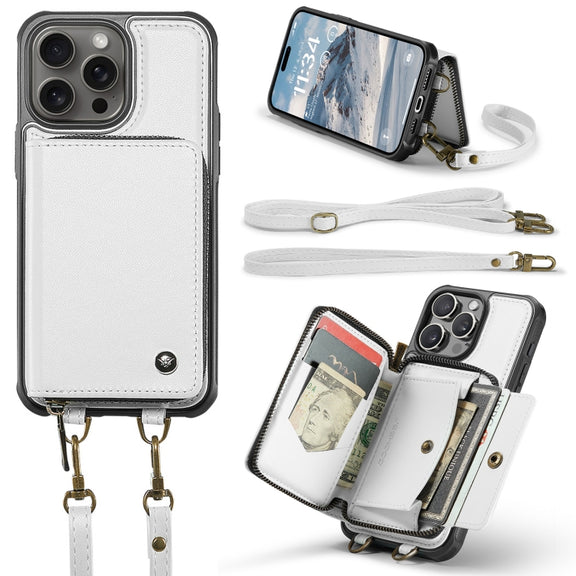 For iPhone 16 Pro Max JEEHOOD C22 Series Zipper Wallet Leather Phone Case with Dual Lanyard(White)