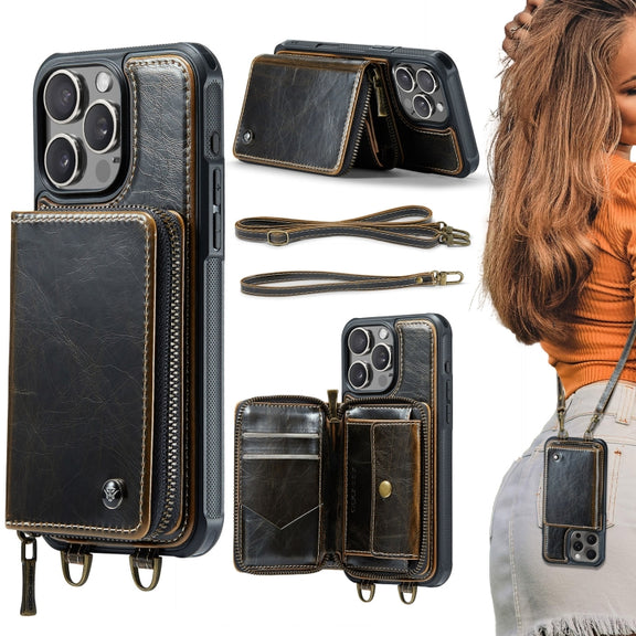 For iPhone 16 Pro Max JEEHOOD C22 Series Zipper Wallet Leather Phone Case with Dual Lanyard(Coffee)