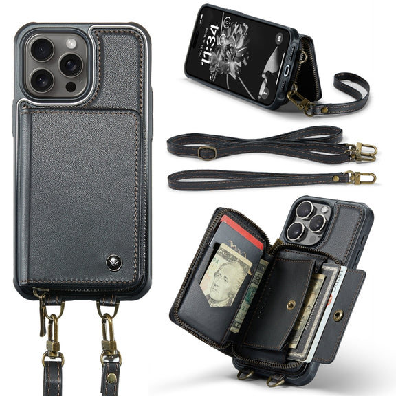 For iPhone 16 Pro JEEHOOD C22 Series Zipper Wallet Leather Phone Case with Dual Lanyard(Black)