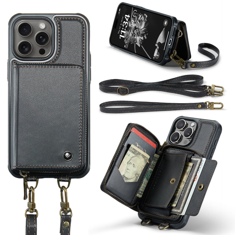 For iPhone 16 Pro JEEHOOD C22 Series Zipper Wallet Leather Phone Case with Dual Lanyard(Black)