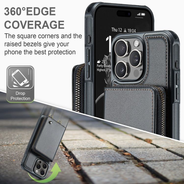For iPhone 16 Pro JEEHOOD C22 Series Zipper Wallet Leather Phone Case with Dual Lanyard(Black)
