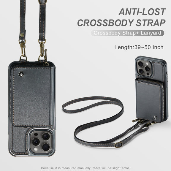 For iPhone 16 Pro JEEHOOD C22 Series Zipper Wallet Leather Phone Case with Dual Lanyard(Black)