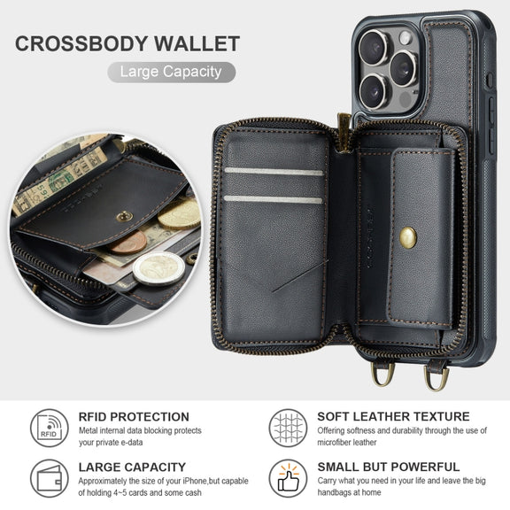 For iPhone 16 Pro JEEHOOD C22 Series Zipper Wallet Leather Phone Case with Dual Lanyard(Black)