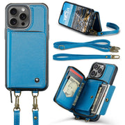 For iPhone 16 Pro JEEHOOD C22 Series Zipper Wallet Leather Phone Case with Dual Lanyard(Blue)