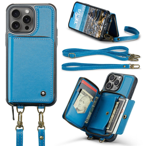 For iPhone 16 Pro JEEHOOD C22 Series Zipper Wallet Leather Phone Case with Dual Lanyard(Blue)