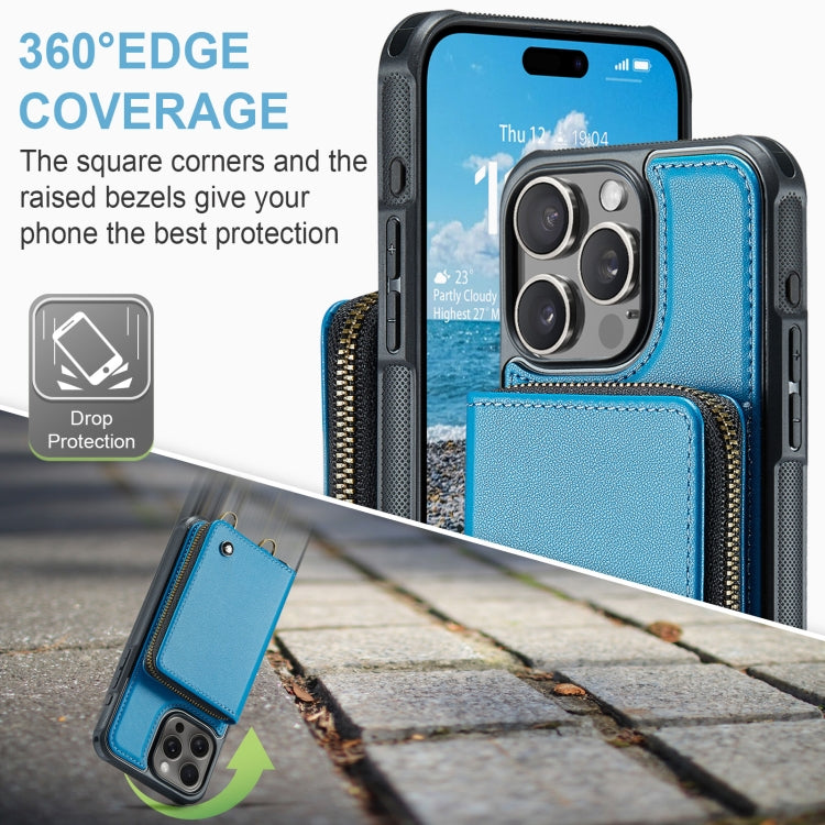 For iPhone 16 Pro JEEHOOD C22 Series Zipper Wallet Leather Phone Case with Dual Lanyard(Blue)