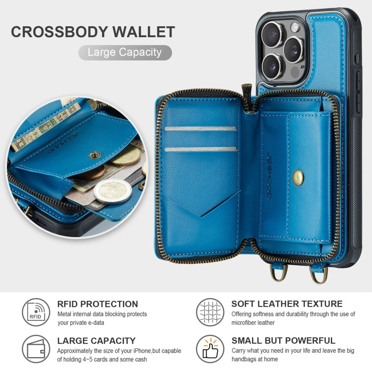 For iPhone 16 Pro JEEHOOD C22 Series Zipper Wallet Leather Phone Case with Dual Lanyard(Blue)