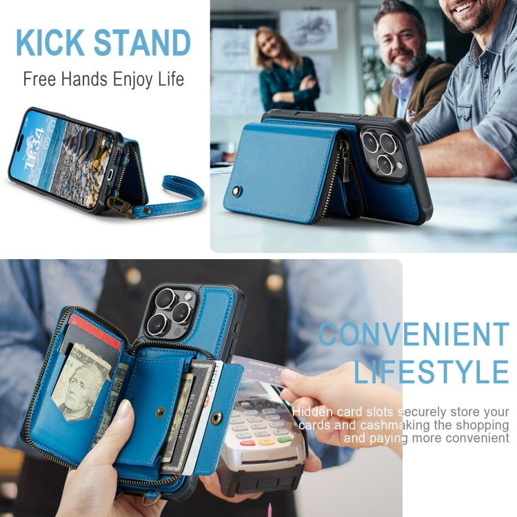 For iPhone 16 Pro JEEHOOD C22 Series Zipper Wallet Leather Phone Case with Dual Lanyard(Blue) - free shipping - PMC Jewellery - Order now!