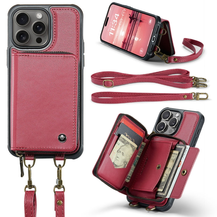 For iPhone 16 Pro JEEHOOD C22 Series Zipper Wallet Leather Phone Case with Dual Lanyard(Red)
