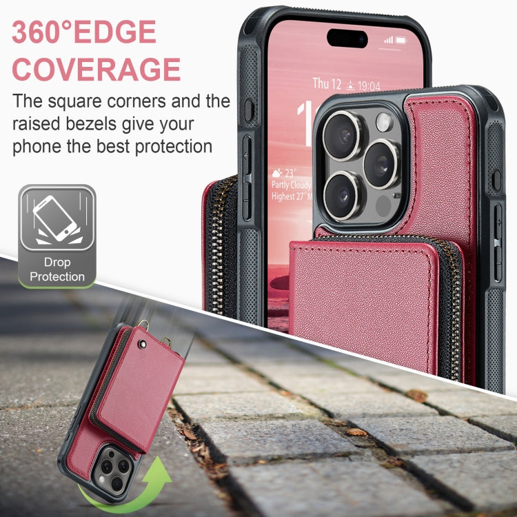 For iPhone 16 Pro JEEHOOD C22 Series Zipper Wallet Leather Phone Case with Dual Lanyard(Red)