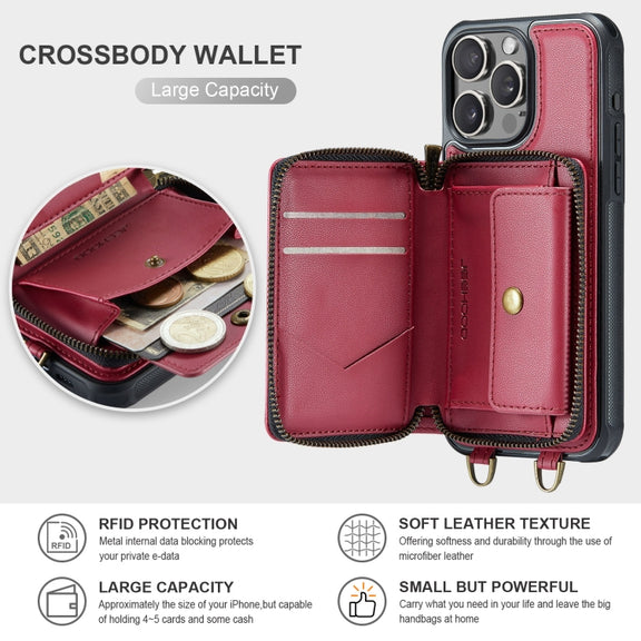 For iPhone 16 Pro JEEHOOD C22 Series Zipper Wallet Leather Phone Case with Dual Lanyard(Red)