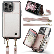 For iPhone 16 Pro JEEHOOD C22 Series Zipper Wallet Leather Phone Case with Dual Lanyard(Rose Gold)