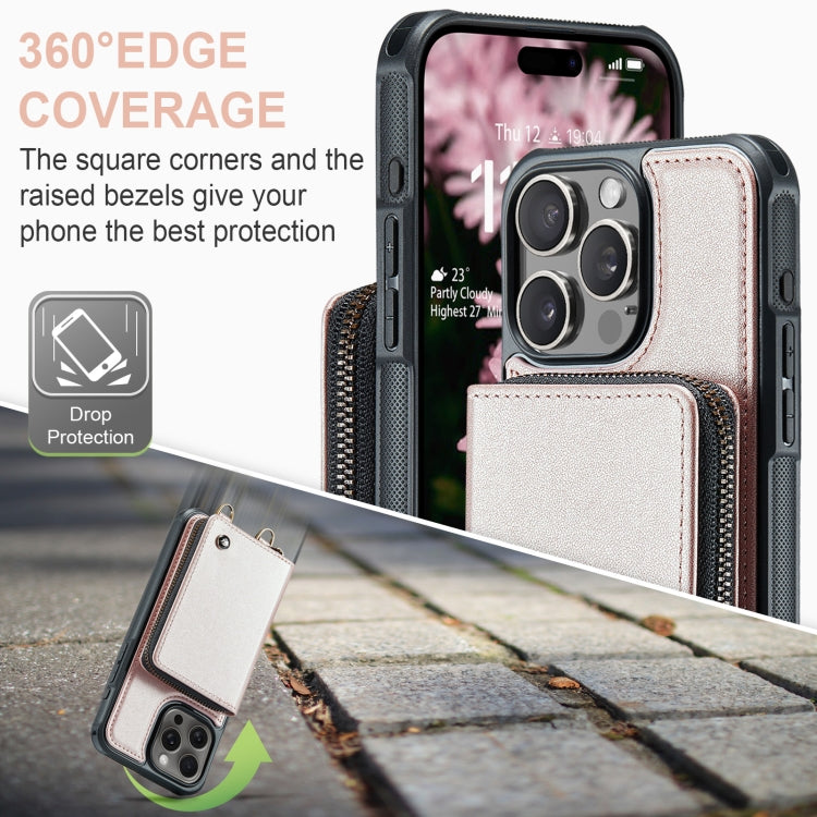 For iPhone 16 Pro JEEHOOD C22 Series Zipper Wallet Leather Phone Case with Dual Lanyard(Rose Gold)