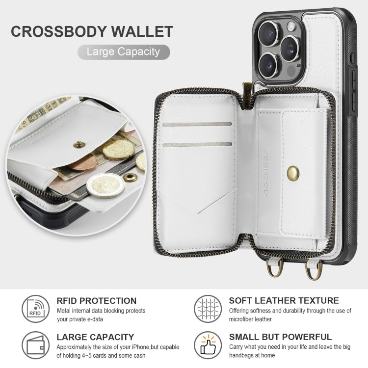 For iPhone 16 Pro JEEHOOD C22 Series Zipper Wallet Leather Phone Case with Dual Lanyard(White)
