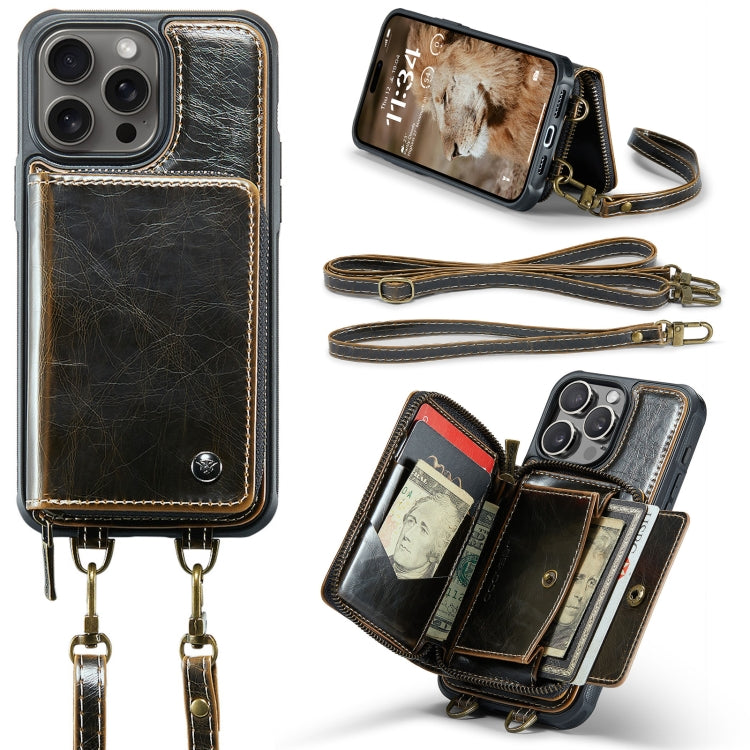For iPhone 16 Pro JEEHOOD C22 Series Zipper Wallet Leather Phone Case with Dual Lanyard(Coffee)
