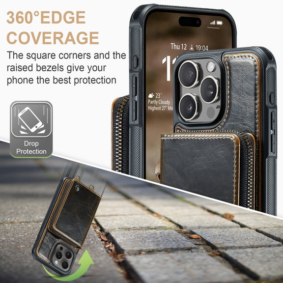 For iPhone 16 Pro JEEHOOD C22 Series Zipper Wallet Leather Phone Case with Dual Lanyard(Coffee)