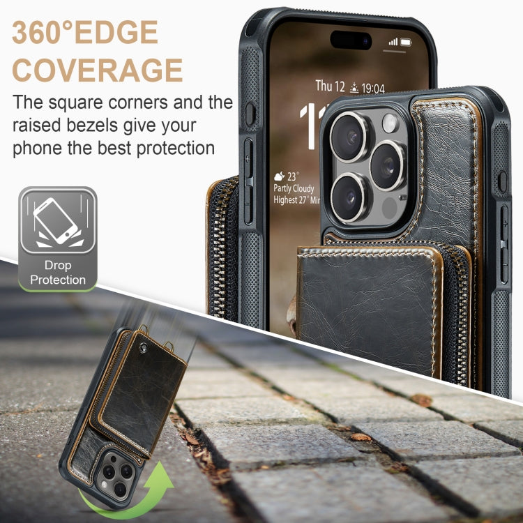 For iPhone 16 Pro JEEHOOD C22 Series Zipper Wallet Leather Phone Case with Dual Lanyard(Coffee)