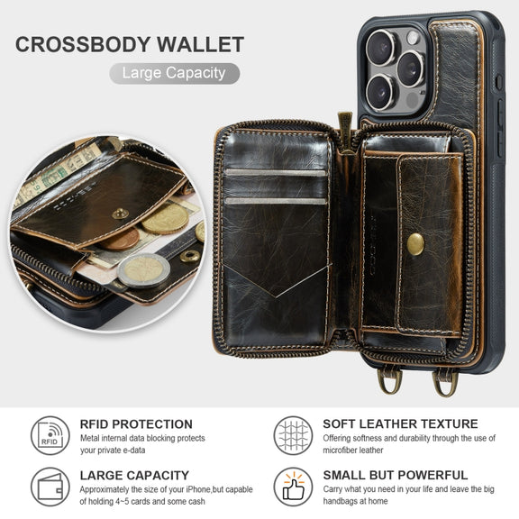 For iPhone 16 Pro JEEHOOD C22 Series Zipper Wallet Leather Phone Case with Dual Lanyard(Coffee)