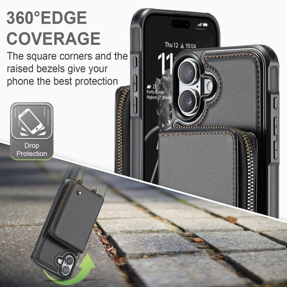 For iPhone 16 Plus JEEHOOD C22 Series Zipper Wallet Leather Phone Case with Dual Lanyard(Black)