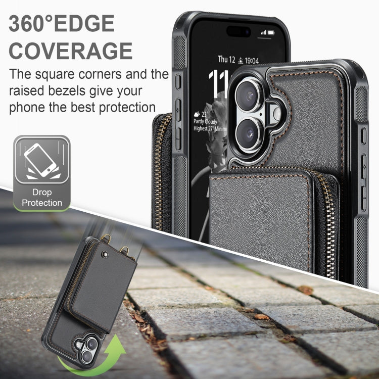 For iPhone 16 Plus JEEHOOD C22 Series Zipper Wallet Leather Phone Case with Dual Lanyard(Black)