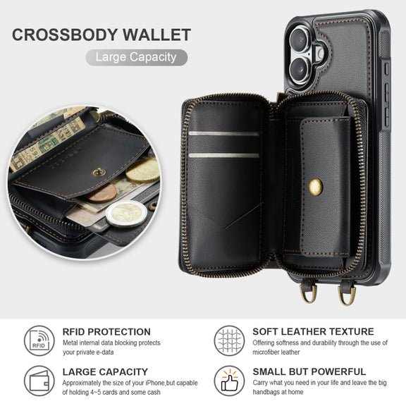 For iPhone 16 Plus JEEHOOD C22 Series Zipper Wallet Leather Phone Case with Dual Lanyard(Black)