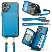 For iPhone 16 Plus JEEHOOD C22 Series Zipper Wallet Leather Phone Case with Dual Lanyard(Blue)